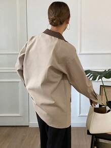 Livesso Color Block Long Sleeve Pocket Design Loose Fit Longer Jacket For Women,Fall Women Clothes Women Coats - Khaki - View 2