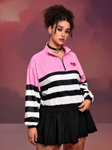 SHEIN X Care Bears Designer 1pc Plus Size Casual Cartoon Bear & Contrast Stripe Print Half Zip Mock Neck Sweatshirt, Spring Autumn, Holiday, Thanksgiving, Winter, Festival