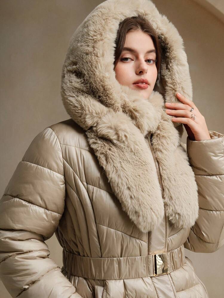 Plus Size Women Fluffy Hooded Belted Long Jacket, Warm And Fitted, For Winter Fall Autumn