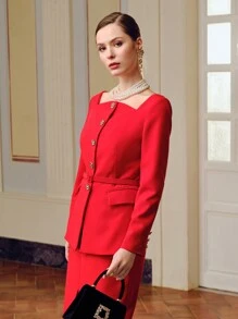 ZEYLAH GOLD FLORAL BUTTON PLACKET BUCKLE BELTED JACKET - Red - View 5
