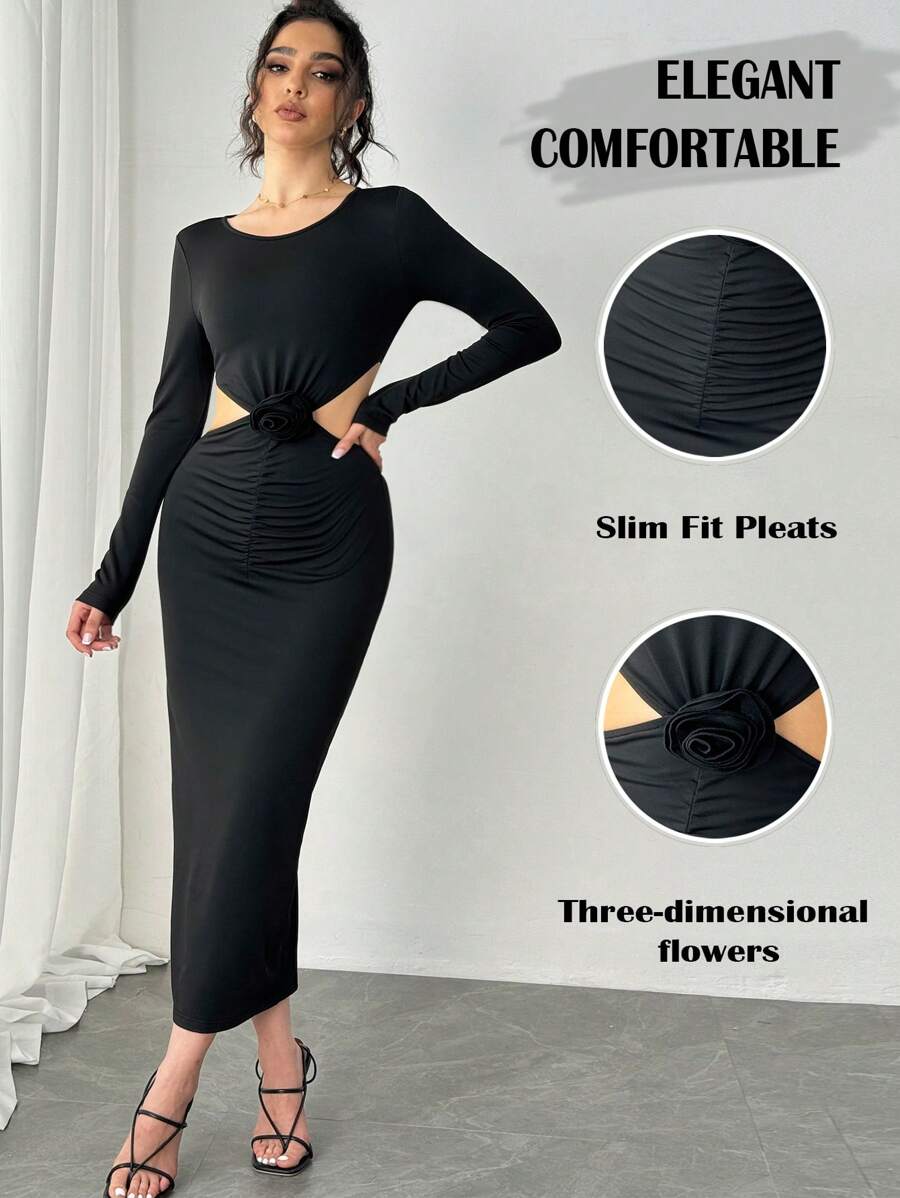 Chiquease 25 件+性感优雅休闲派对 3D 花卉露背连衣裙 - 黑色 - 查看 1