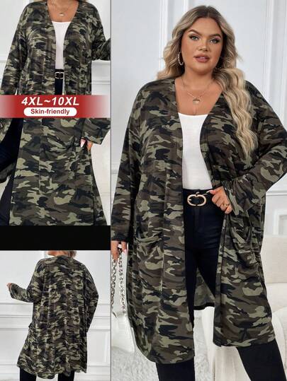 SHEIN CURVE+ Plus Size Camo Print Dual Pocket Drop Shoulder Coat Winter Fall Autumn