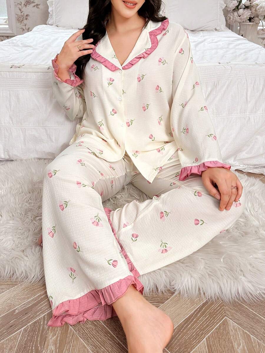 CottageSlumber Plus Size Contrast Color Ruffle Collar Floral Print Sleepwear Set - Pink - View 1