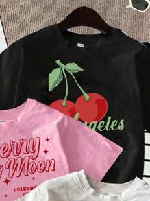 LM Estudio Áo thun crop top cổ tròn in họa tiết chữ và quả anh đào phong cách Girlcore/Y2K của Artist, dành cho mùa hè, trở lại trường, kỳ nghỉ, ngày lễ, ngày lễ tình nhân, mùa xuân - Nhiều màu - Xem 2