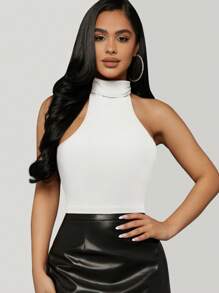 Hauture Cropped halter top de cuello alto de punto acanalado - Blanco - Ver 3