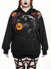 ROMWE Plus Size Halloween Pumpkin, Bat & Skeleton Print Pullover Hoodie, Fall Clothes