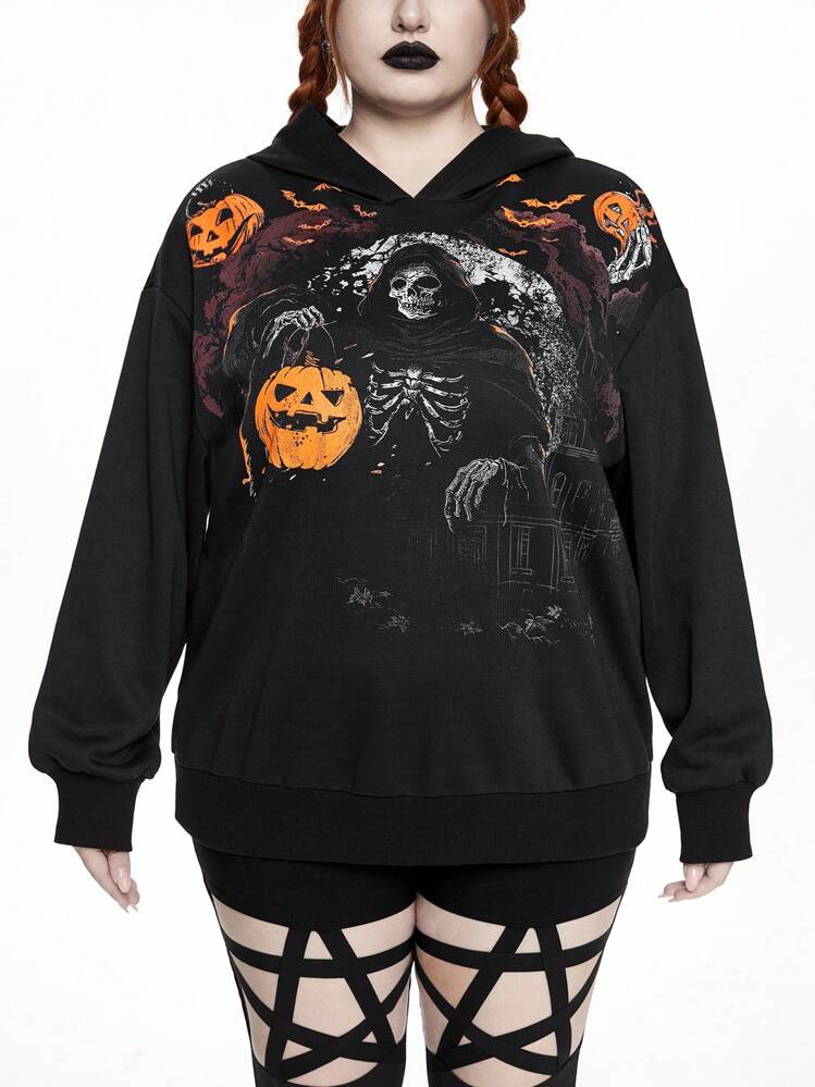 ROMWE Sudadera con capucha de talla grande con estampado de calabaza, murciélago y esqueleto, ropa de otoño - Negro - Añade 3