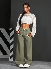 SHEIN PETITE 女式宽松阔腿口袋休闲牛仔裤 - 綠色 - 查看 6