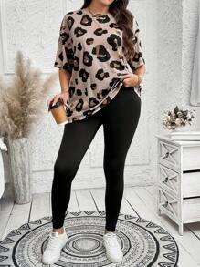 SHEIN LUNE 2 件秋季女装大码女式豹纹落肩 T 恤和紧身裤休闲套装女式两件套机场女装套装黑色两件套旅行装机场 - 彩色 - 查看 1