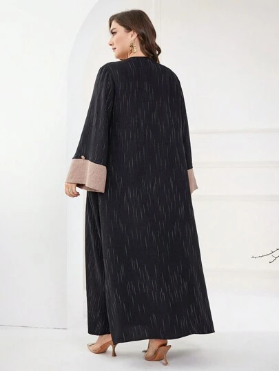 Al Najma Plus Size Women's Casual Colorblock & Floral Print Long Dress, Spring/Fall, Modest Long Sleeve Elegant Maxi Jalabiya Arabian Dresses, For Casual Daily, Kaftan