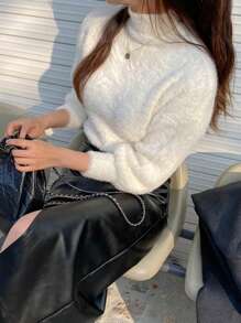 DAZY 女士蓬松高领保暖套头衫、长袖上衣、秋季女装 - 白色 - 查看 3