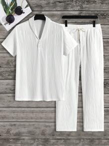 Manfinity VCAY Bộ 2 món áo thun trơn tay ngắn và quần dài thường ngày cho nam - trắng - Xem 1