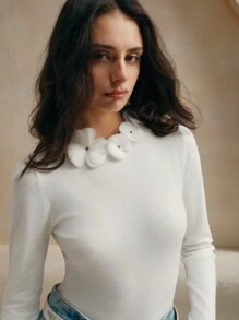 Anewsta 女士长袖修身花卉装饰甜美温柔针织毛衣，秋冬针织套头衫 - 白色 - 查看 6