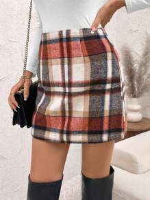 SHEIN Clasi 女式格子设计修身优雅迷人时尚迷你裙 - 鏽棕色 - 查看 4