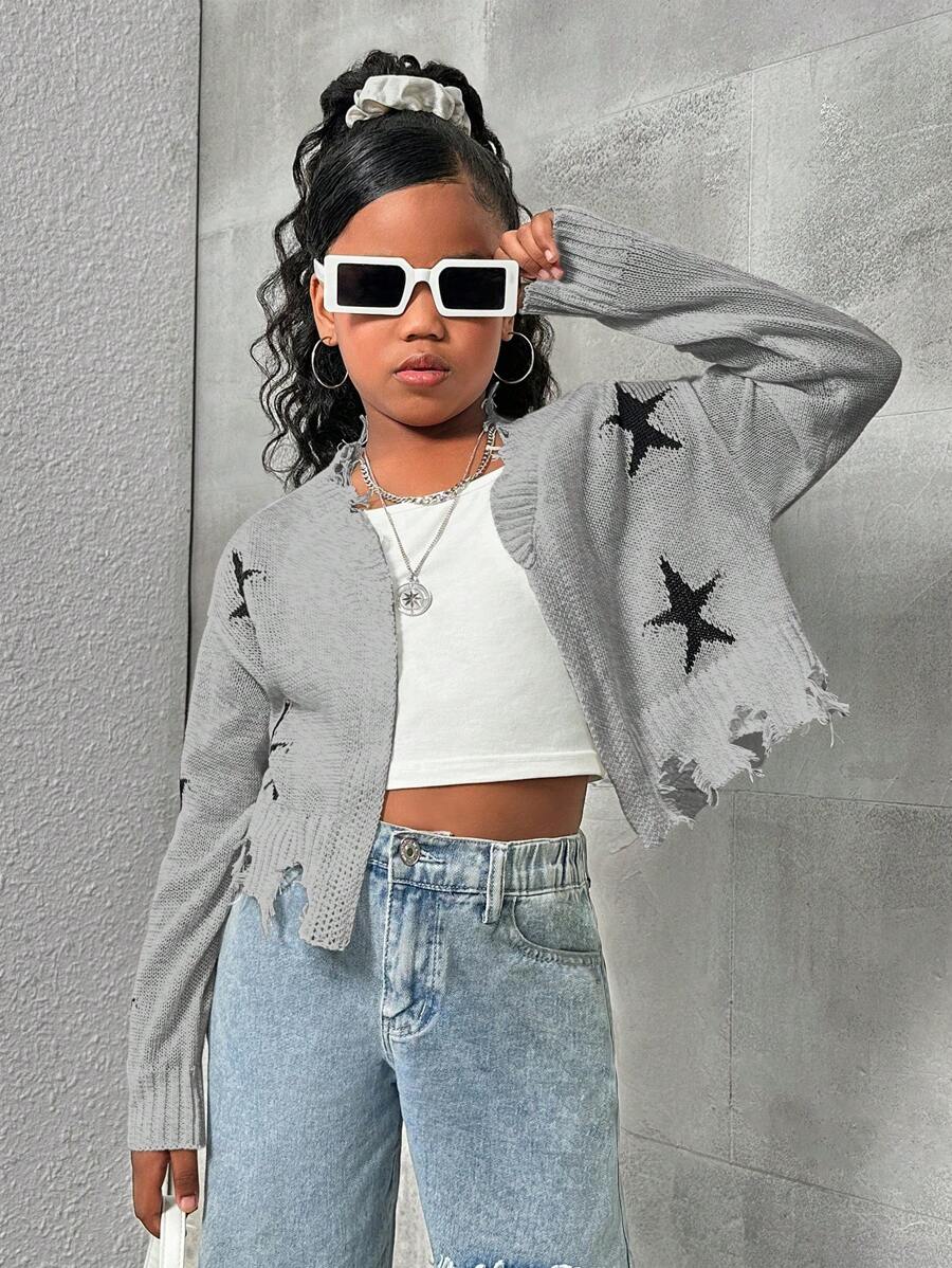 SHEIN Tween Girls' Oversized Star Print Knitted Cropped Cardigan