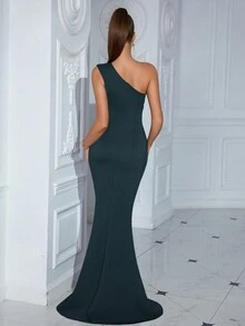 ADYCE 复古单肩褶皱高开衩鸡尾酒会长裙，优雅正式礼服，适合婚礼宾客、舞会、宴会和其他正式场合。 - 藍色 - 查看 2