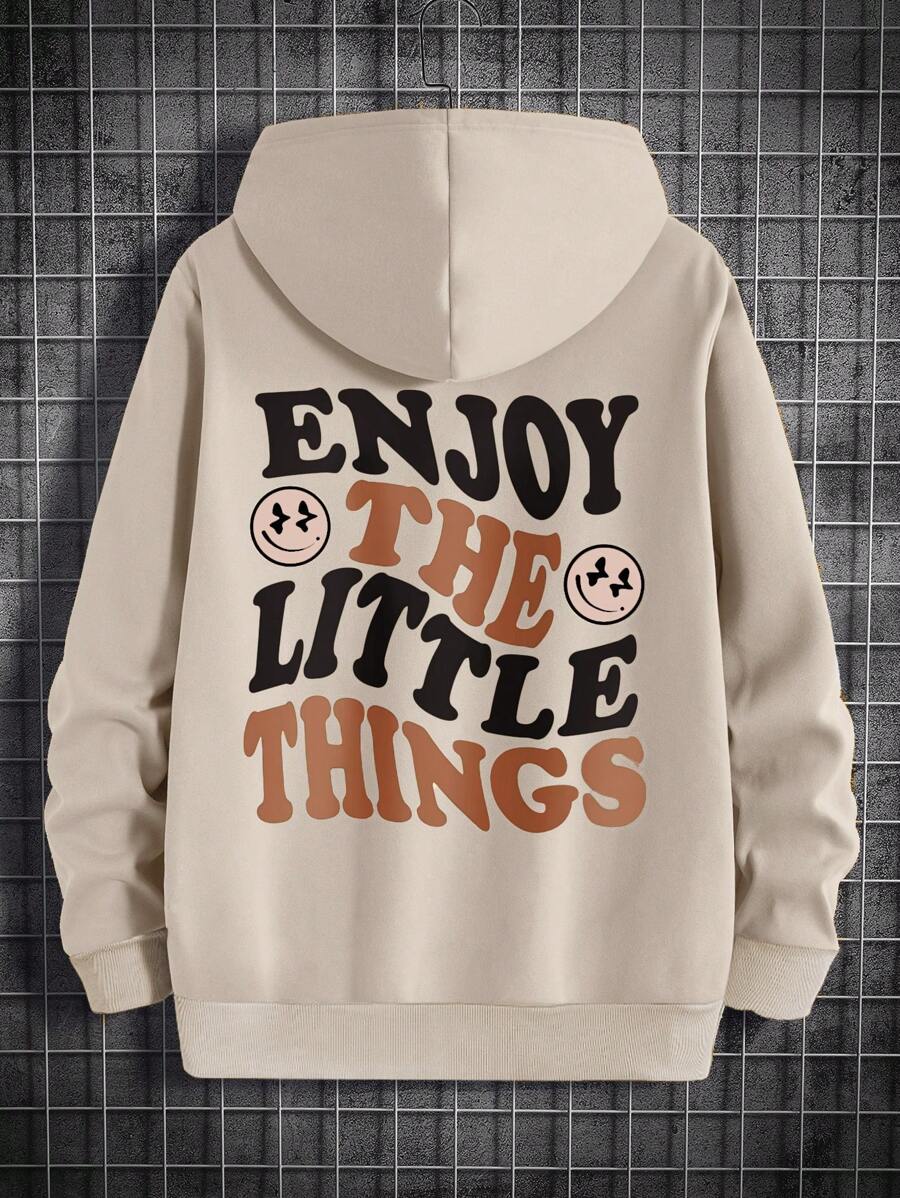 EURMUSE Men Slogan & Cartoon Graphic Drawstring Thermal Lined Hoodie - Camel - View 1