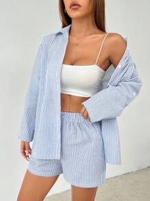 SHEIN PETITE Women's Fashion Vertical Striped Shirt Shorts Suit Commuting Simple Office Simple - Blue and White - View 6