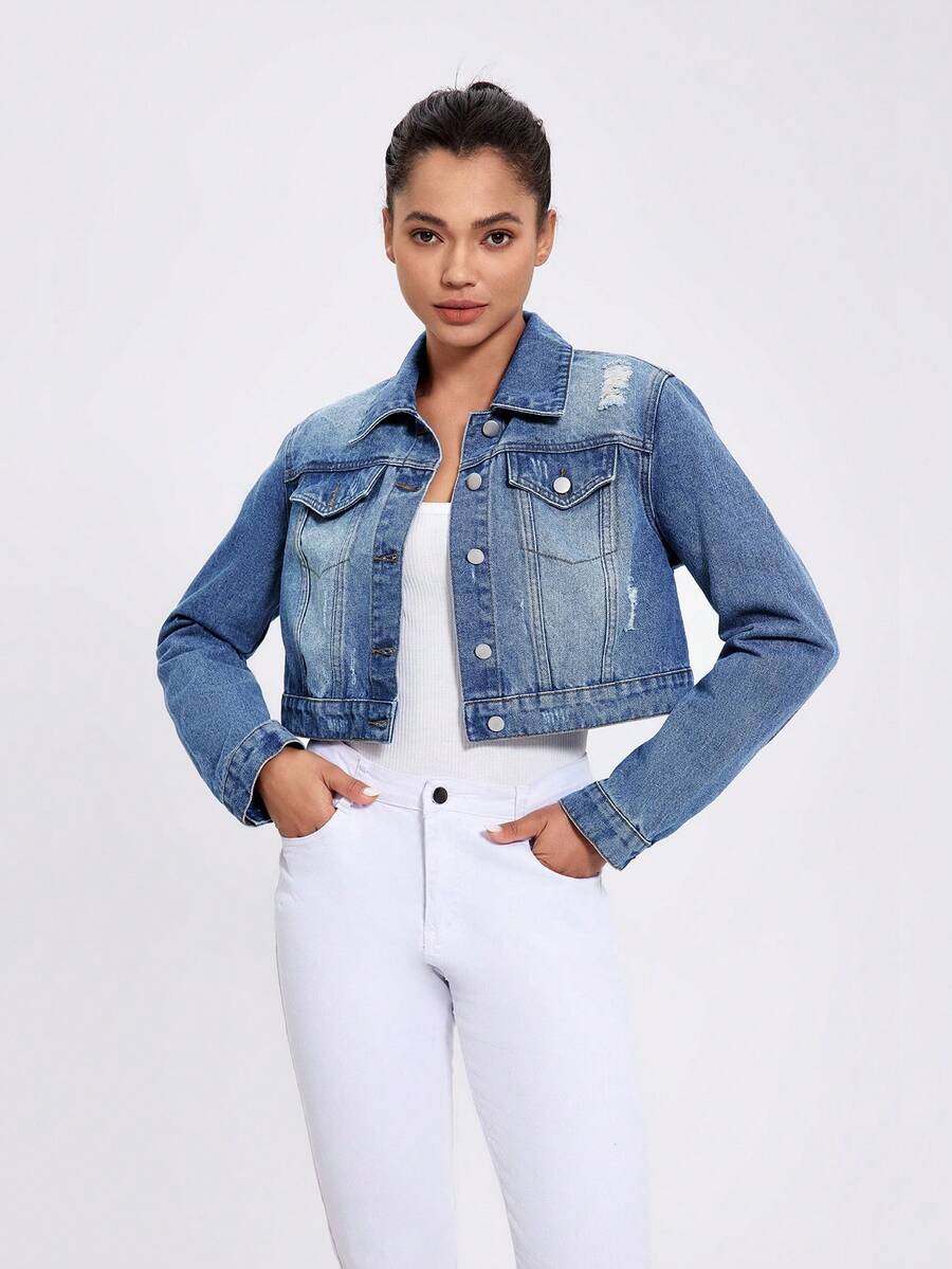 Women's Spring And Autumn Long Sleeve Single-Breasted Distressed Casual Short Denim Top - Blue - View 1