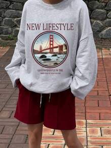 DAZY Sweatshirt Kasual Longgar Lengan Panjang Kerah Bulat Wanita dengan Cetakan Huruf, Pakaian Musim Gugur - Grey - View 1
