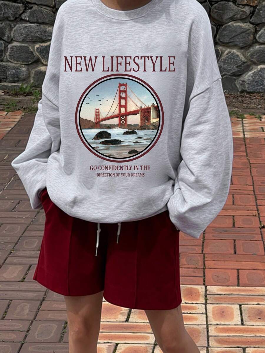 DAZY Sweatshirt Kasual Longgar Lengan Panjang Kerah Bulat Wanita dengan Cetakan Huruf, Pakaian Musim Gugur - Grey - View 1