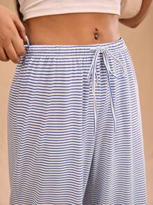 Forever 21 大码女式休闲百搭宽松松紧腰条纹针织裤 - 藍白色 - 查看 6