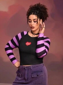 SHEIN X Care Bears Designer 1pc Plus Size Women's Punk Style Cartoon Bear & Letter Printed Color Block Striped Raglan Sleeve Fitted Cropped T-Shirt, Holiday, Thanksgiving, Festival