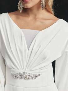 MOTF PREMIUM DROP SHOULDER OVERSIZE RHINESTONE WAIST JUMPSUIT - White - View 3