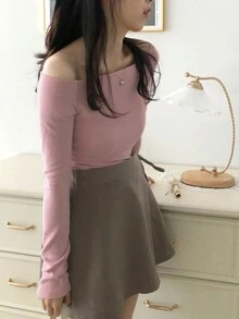 DAZY Women Solid Color Off-Shoulder Long Sleeve T-Shirt - Grey - View 4