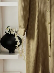 Mulvari 2件套女士纯色长袖纽扣衬衫和阔腿裤休闲套装 - 軍綠色 - 查看 5