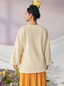 VALERIA GALIPOLI Frida Kahlo X SHEIN X Designer Hanorac cu mânecă lungă, supradimensionat, cu imprimeu animal print și crăpături laterale, pentru sărbători, Ziua Recunoștinței, iarnă, primăvară, festival - Caisă - Vizualizare 2