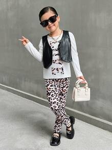 SHEIN Explorewe Toddler Girls 3pcs Set,White Leopard Print Letter Gigot Sleeve T-Shirt,Leopard Print Leggings&Black PU Vest,Casual Outfit Suitable For Autumn,Daily - Multicolor - View 6