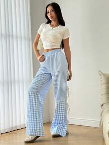 SHEIN Unity Quần chắp vá kẻ sọc xanh trắng dành cho nữ có đường xẻ bên hông, buộc dây - màu đen - Xem 5