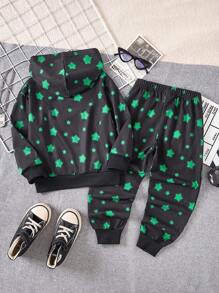 SHEIN 2 peças Conjunto de Moletom com Capuz e Estampa de Monstro com Tingimento a Frio e Calça Esportiva Casual para Meninos Jovens, Adequado para Uso ao Ar Livre, Casual, Escolar, Viagens e Diversas Atividades Esportivas, Outono/Inverno - Preto - Visão 2