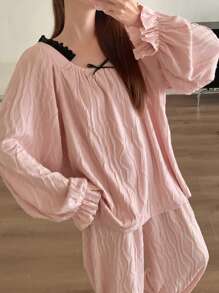 DAZY Women's Loose Pleated Contrast Color Ruffle Long Sleeve Blouse And Pants Pajama Set - Pink - View 6