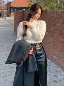 DAZY 女士蓬松高领保暖套头衫、长袖上衣、秋季女装 - 白色 - 查看 6