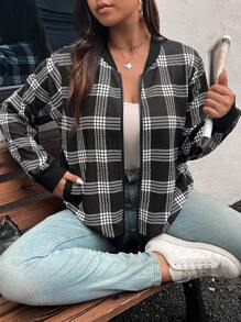 SHEIN Essnce 秋冬季大码随机格子印花棒球夹克 - 黑色 - 查看 6