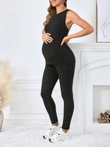 SHEIN Maternity Fleece Hoodie Sweatshirt & Leggings 2Pcs Set, Button & Drawstring Waist, Loose & Adjustable, Black - Black - View 3