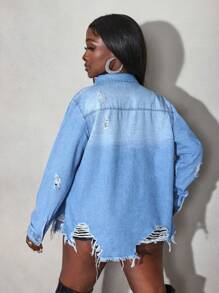 SHEIN SXY Women's Denim Top Blue Loose Long Sleeve Shirt Back To School Fall Clothes Women Tops Fall Women Shirts Blouse Fall Women Clothes Fall Tops Fall Women Tops Tops With Sleeves Work Women Blouses Long Sleeve Women Tops Collared Women Shirt - Medium Wash - View 2
