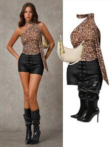 SHEIN BAE Leopard Halter Neck Top,Asymmetrical Top,Y2k Clothes - Bronze - View 7