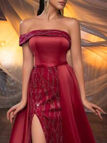 SHEIN Belle Elegant Glamorous Red Sequin Patchwork Silky Satin Off-Shoulder Thigh-High Slit Dress, Suitable For Vacation, Wedding, Graduation, Party, Prom, Formal Occasion (Heavily Embellished), Evening Dress, For Wedding Guest Dinner