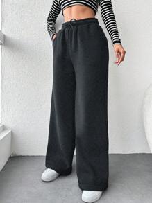 EURMUSE 女士抽绳休闲宽松口袋纯色舒适时尚运动裤 - 深灰色 - 查看 4