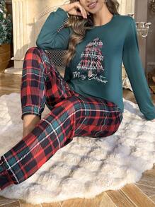CoupledUp Christmas Tree Print Long Sleeve Top & Plaid Print Long Pants Loungewear, Fall Winter Clothes - Green - View 3