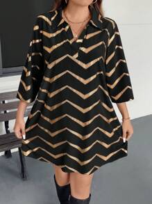 EMERY ROSE Plus Size Fall/Winter Women Clothes Casual Foil Herringbone Pattern Dress/Fall Women Clothes/Party Dress/Fall Dresses/Elegant Dress/Work Dress/Glitter Dress Business Casual Woman Work Dress Business Dress Holiday Outfits Glitter Dress Party Clothing Party Women Dresses Sequin Party Dresses For Women - Black - View 1