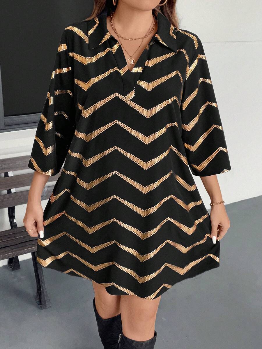 EMERY ROSE Plus Size Fall/Winter Women Clothes Casual Foil Herringbone Pattern Dress/Fall Women Clothes/Party Dress/Fall Dresses/Elegant Dress/Work Dress/Glitter Dress Business Casual Woman Work Dress Business Dress Holiday Outfits Glitter Dress Party Clothing Party Women Dresses Sequin Party Dresses For Women - Black - View 1