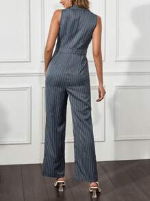 SHEIN Clasi 优雅灰蓝条纹西装背心+直筒裤二合一女式连体裤女士服装套装女式裤子套装商务女装 - 藍色 - 查看 2