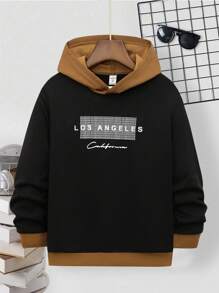 Tween Boys Minimalist Stylish New Loose Contrast Color Thickened Hooded Sweatshirt - Multicolor - View 1