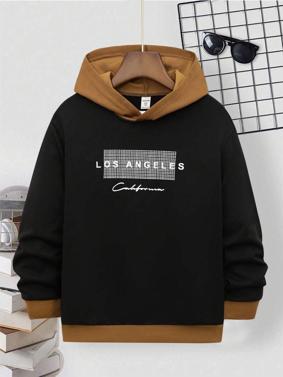 Tween Boys Minimalist Stylish New Loose Contrast Color Thickened Hooded Sweatshirt - Multicolor - View 1