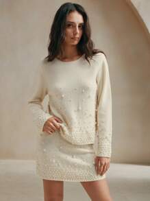 SHEIN X Jwoww Anewsta White Textured Pearl Knit Sweater Top And Mini Skirt Set - Apricot - View 2