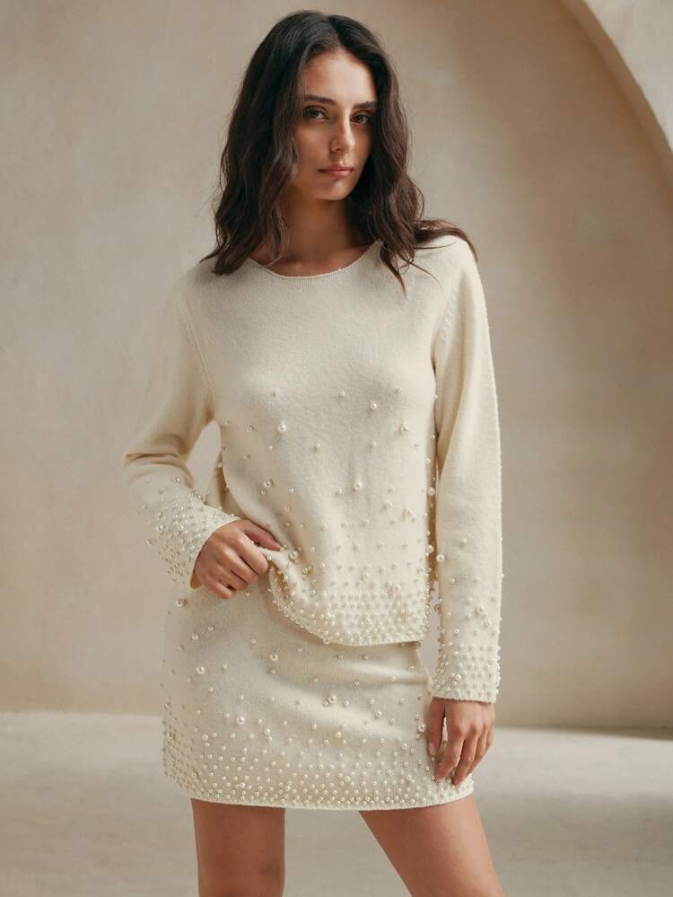 White Textured Pearl Knit Sweater Top And Mini Skirt Set